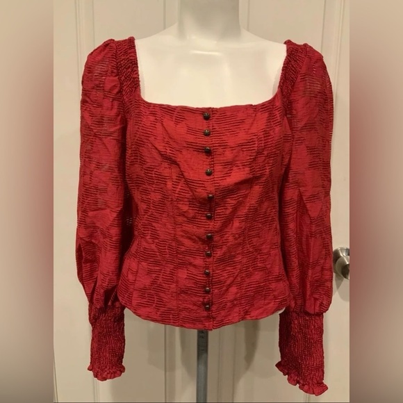 NWT Anthropologie Raspberry Red Square Neck Shirt W/Poet Sleeves Size M - Picture 2 of 10